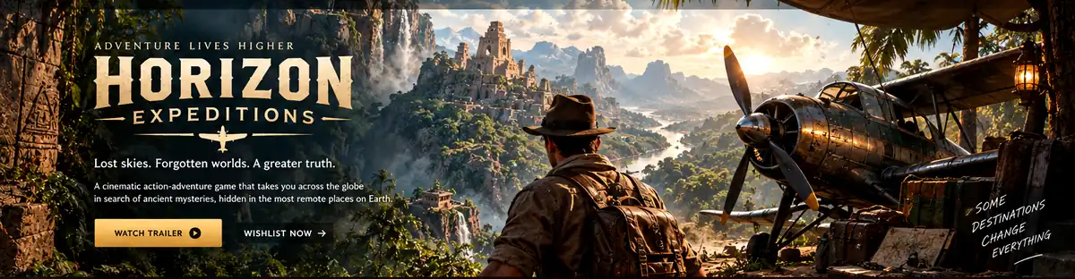 Explorer and aircraft overlooking a lost valley